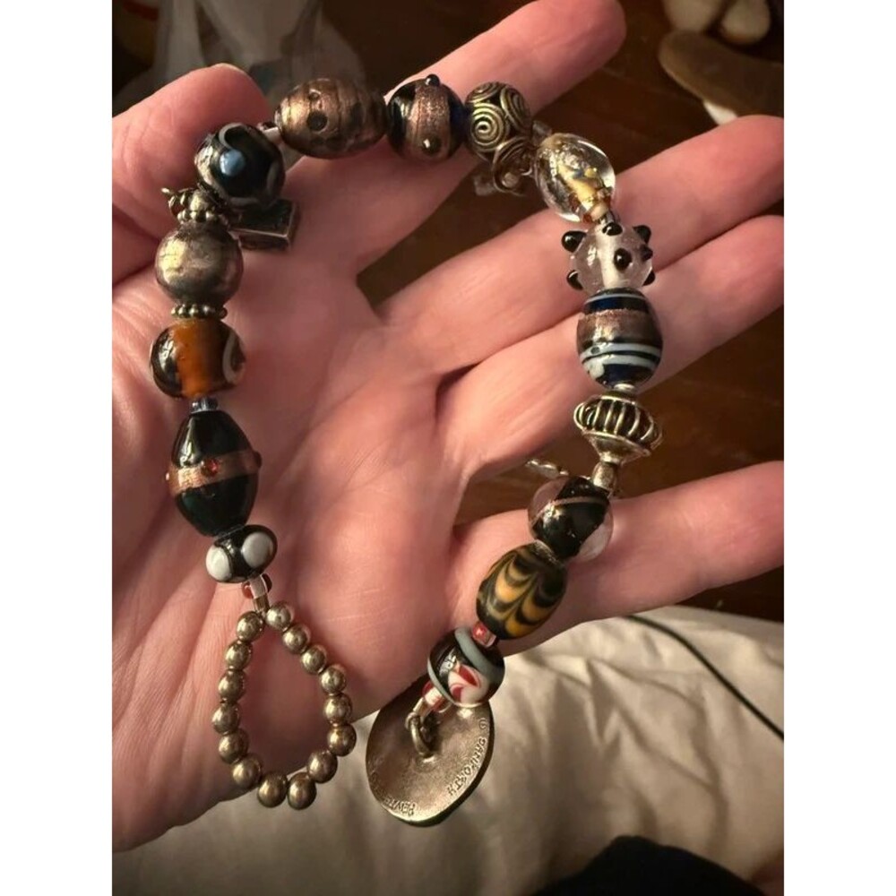 Vintage Artisan Lampwork Glass Bead Bracelet - Sterling Silver Charms